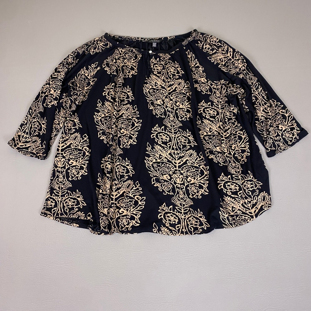 Lucky Brand Blouse Top‎ Women's 3X Black Tan Damask Floral Peasant 3/4 Sleeve